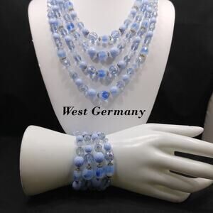 Vintage West Germany Blue Art Glass Crystal Necklace Bracelet Set